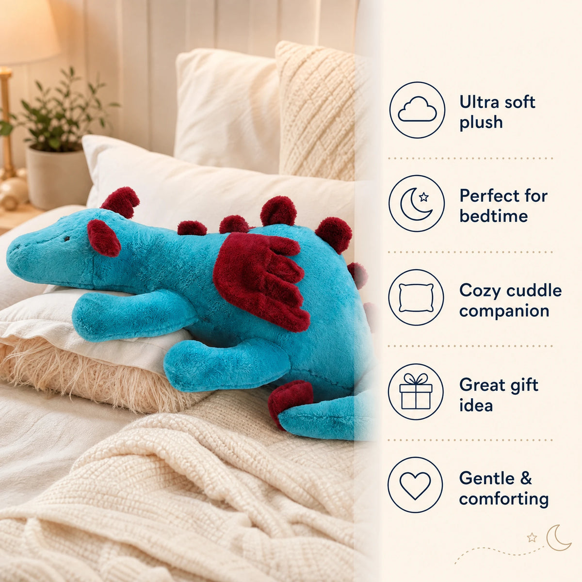 Dragon Plush Pillow with Turquoise Body and Red Spikes - Bénéfices produit