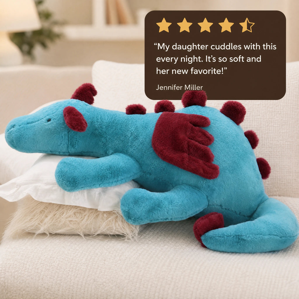 Dragon Plush Pillow with Turquoise Body and Red Spikes - Image témoignage