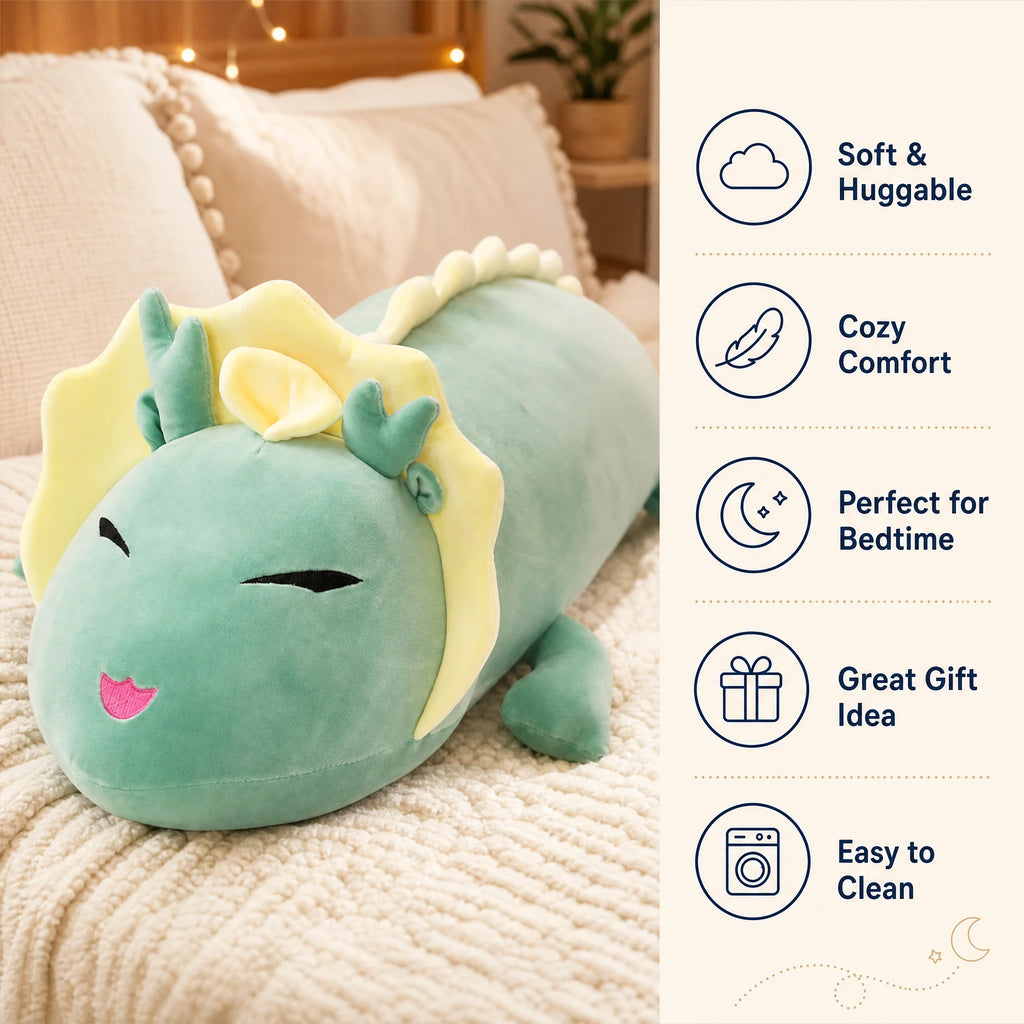 Dragon Plush Toy in Soft Mint Green with Yellow Mane - Bénéfices produit