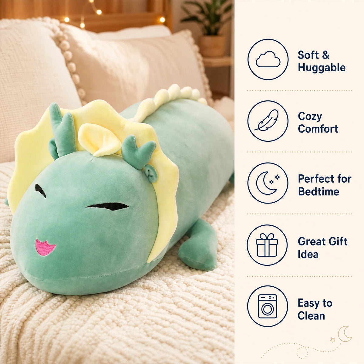 Dragon Plush Toy in Soft Mint Green with Yellow Mane - Bénéfices produit
