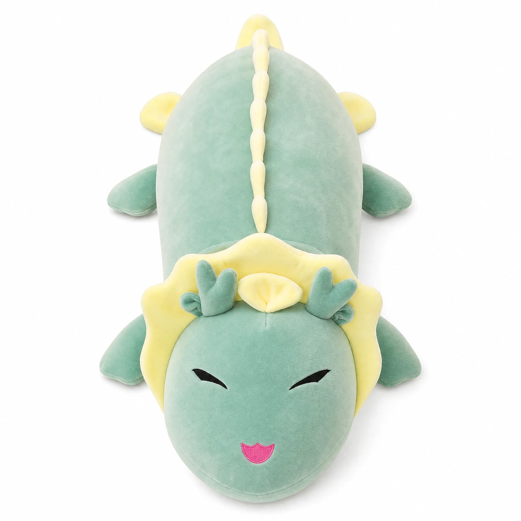 Dragon Plush Toy in Soft Mint Green with Yellow Mane - Fond blanc