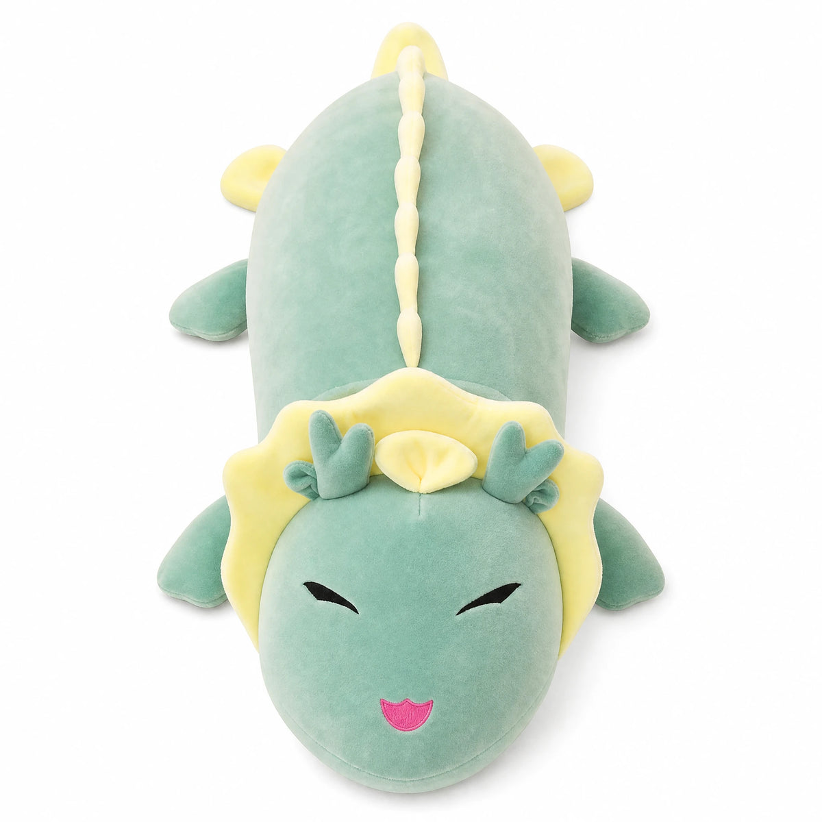 Dragon Plush Toy in Soft Mint Green with Yellow Mane - Fond blanc