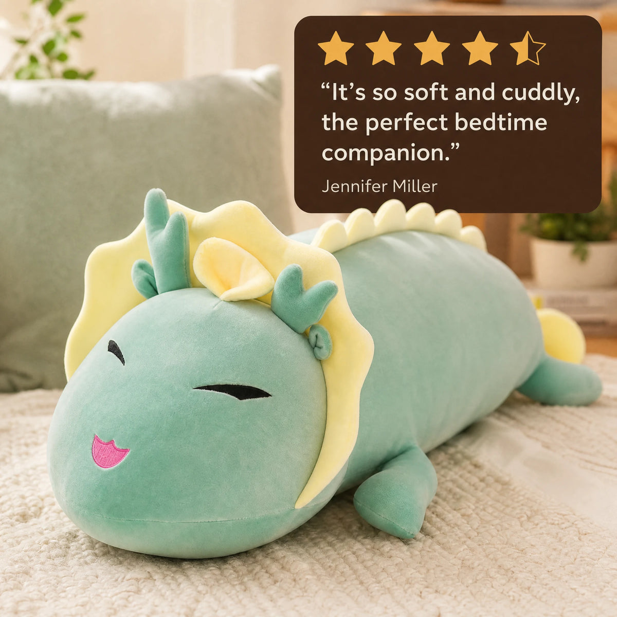 Dragon Plush Toy in Soft Mint Green with Yellow Mane - Image témoignage