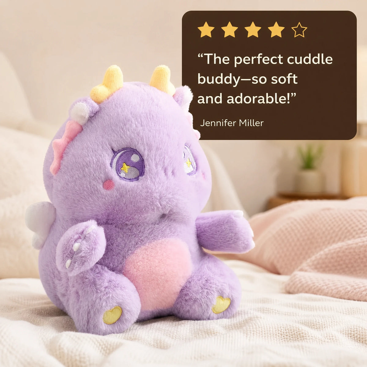 Dragon Plush Toy with Kawaii Eyes and Pastel Colors - Image témoignage