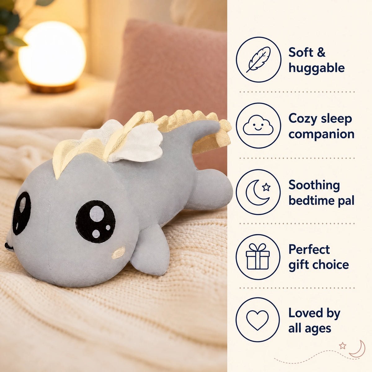 Dragon Plush Toy with Soft Gray Body and Golden Mane - Bénéfices produit