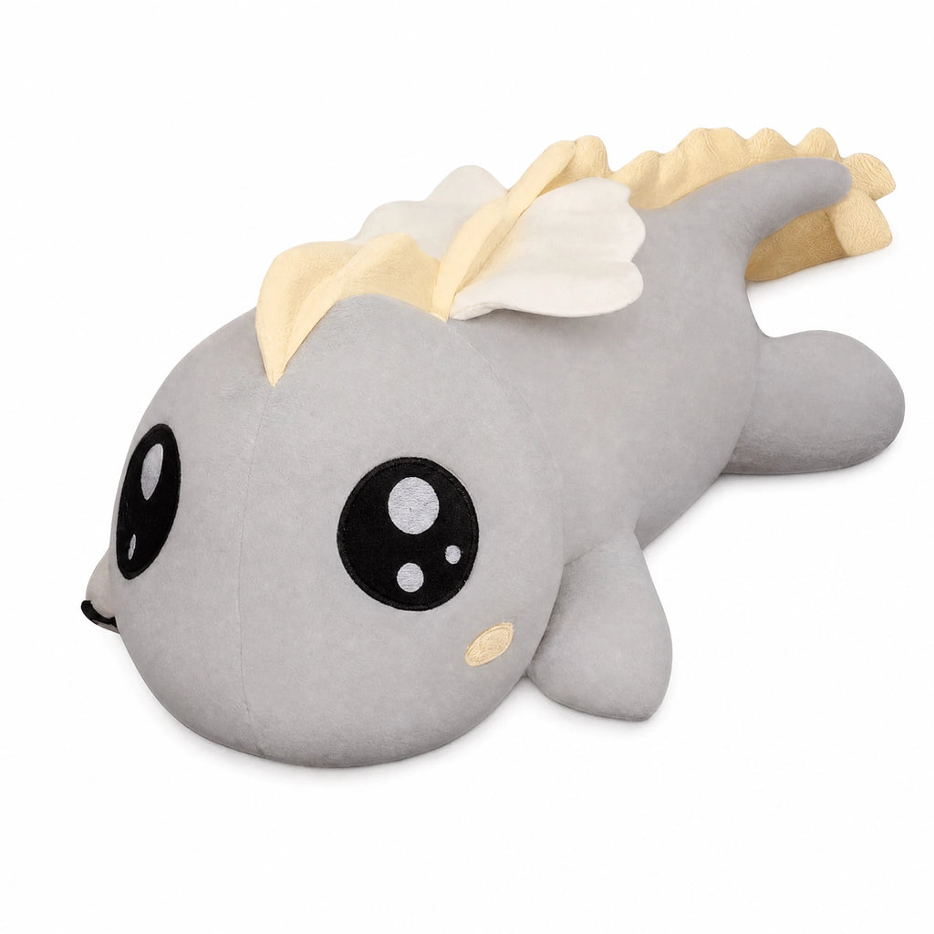 Dragon Plush Toy with Soft Gray Body and Golden Mane - Fond blanc
