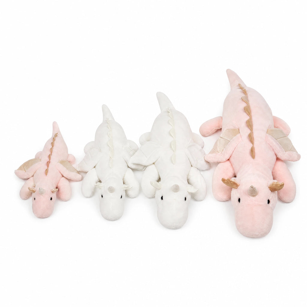 Dragon Plush with Wings and Horn in Pink or White - Fond blanc
