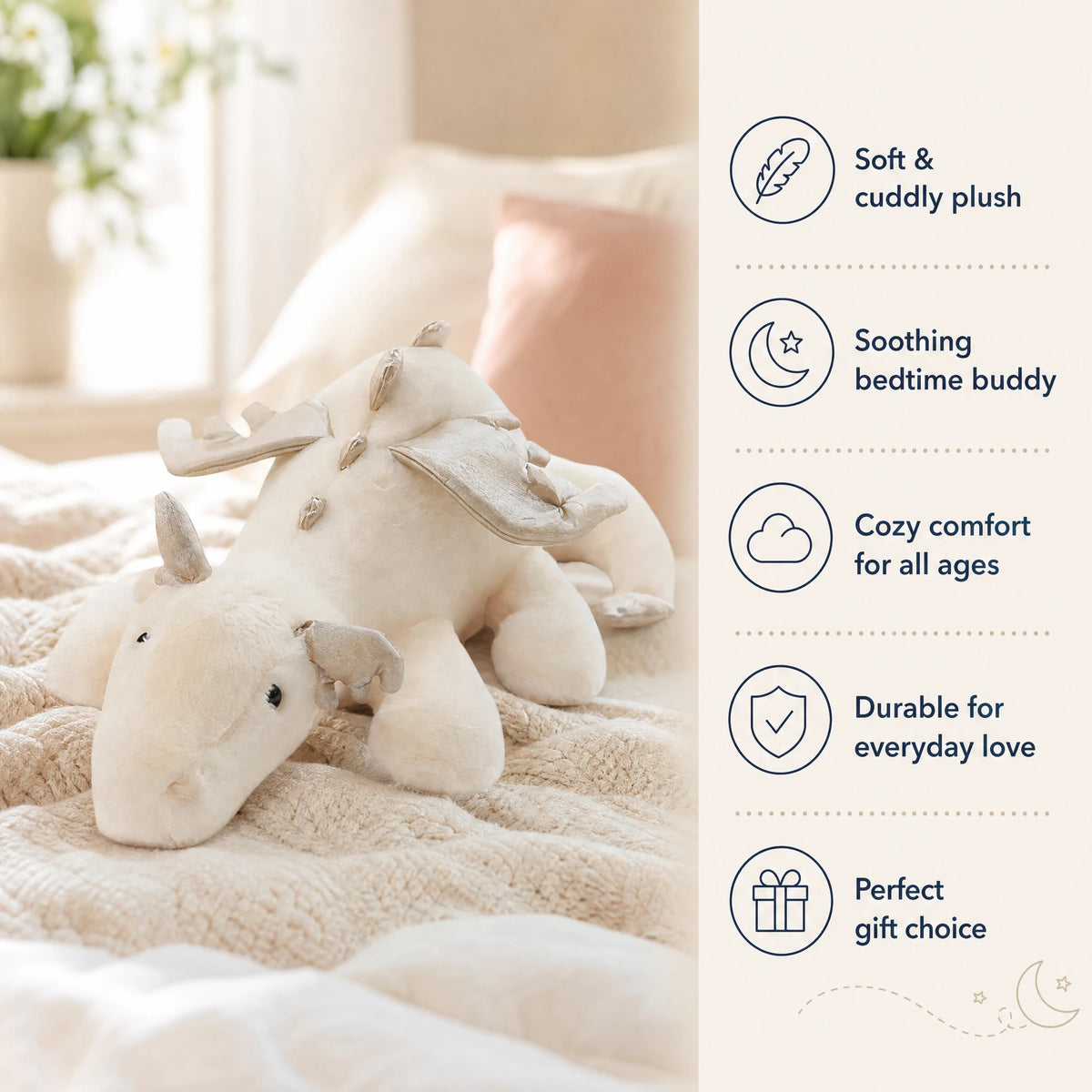 Dragon Plush with Wings in Cream White Cotton - Bénéfices produit