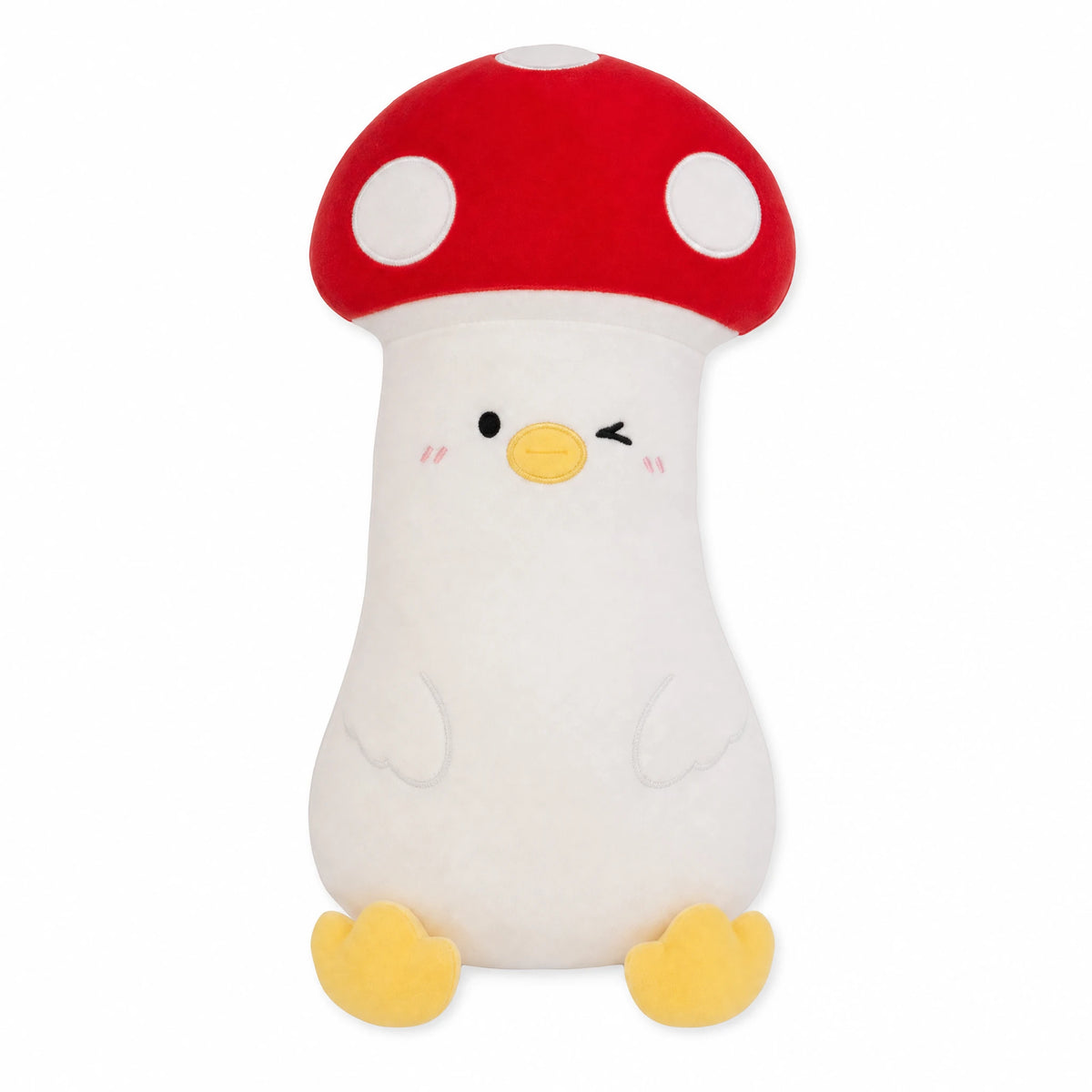 Duck Body Pillow with Mushroom Cap and Kawaii Face - Fond blanc