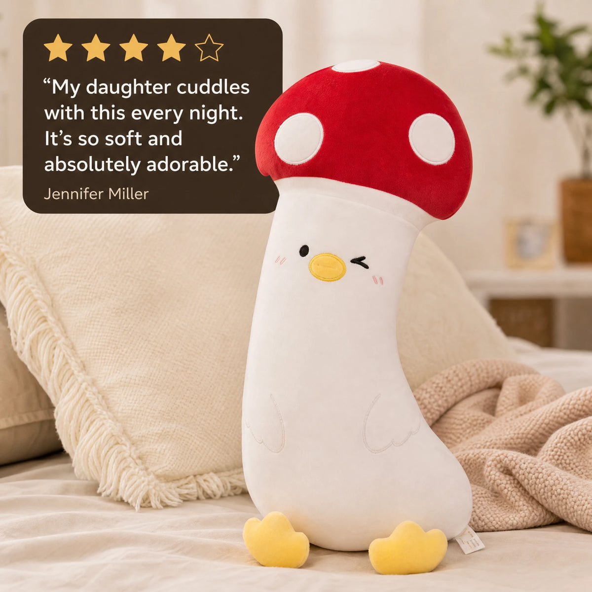 Duck Body Pillow with Mushroom Cap and Kawaii Face - Image témoignage