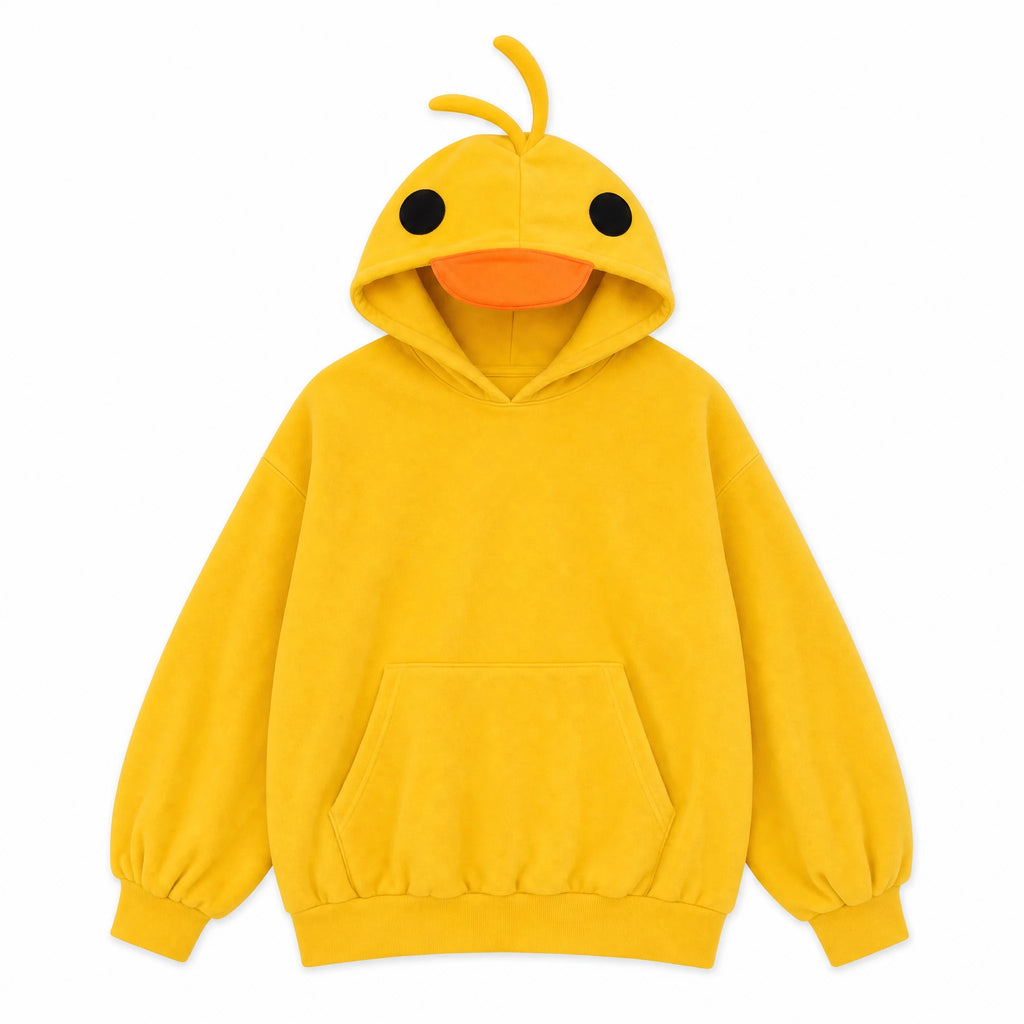 Duck Hoodie with 3D Beak and Embroidered Eyes - Fond blanc