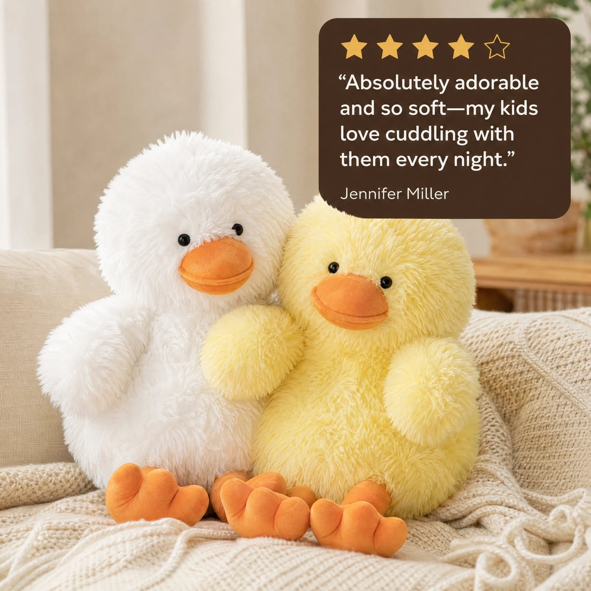 Duck Plush Toy, Chubby Fluffy Duckling in Yellow or White - Image témoignage