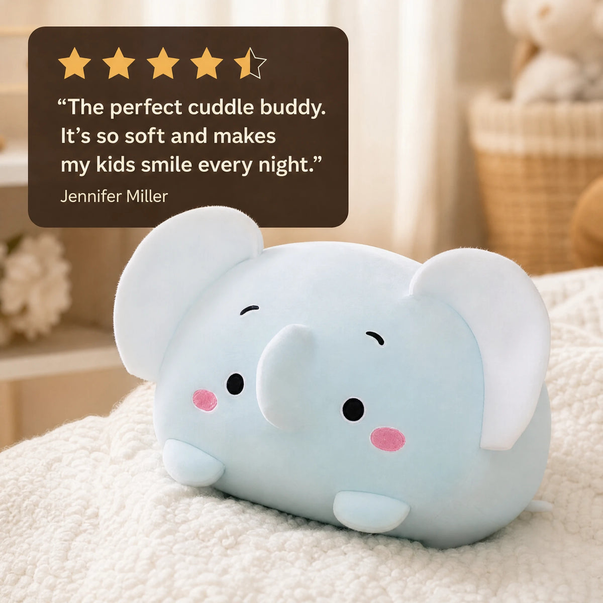 Elephant Pillow Plush – Kawaii Soft Blue Cushion - Image témoignage