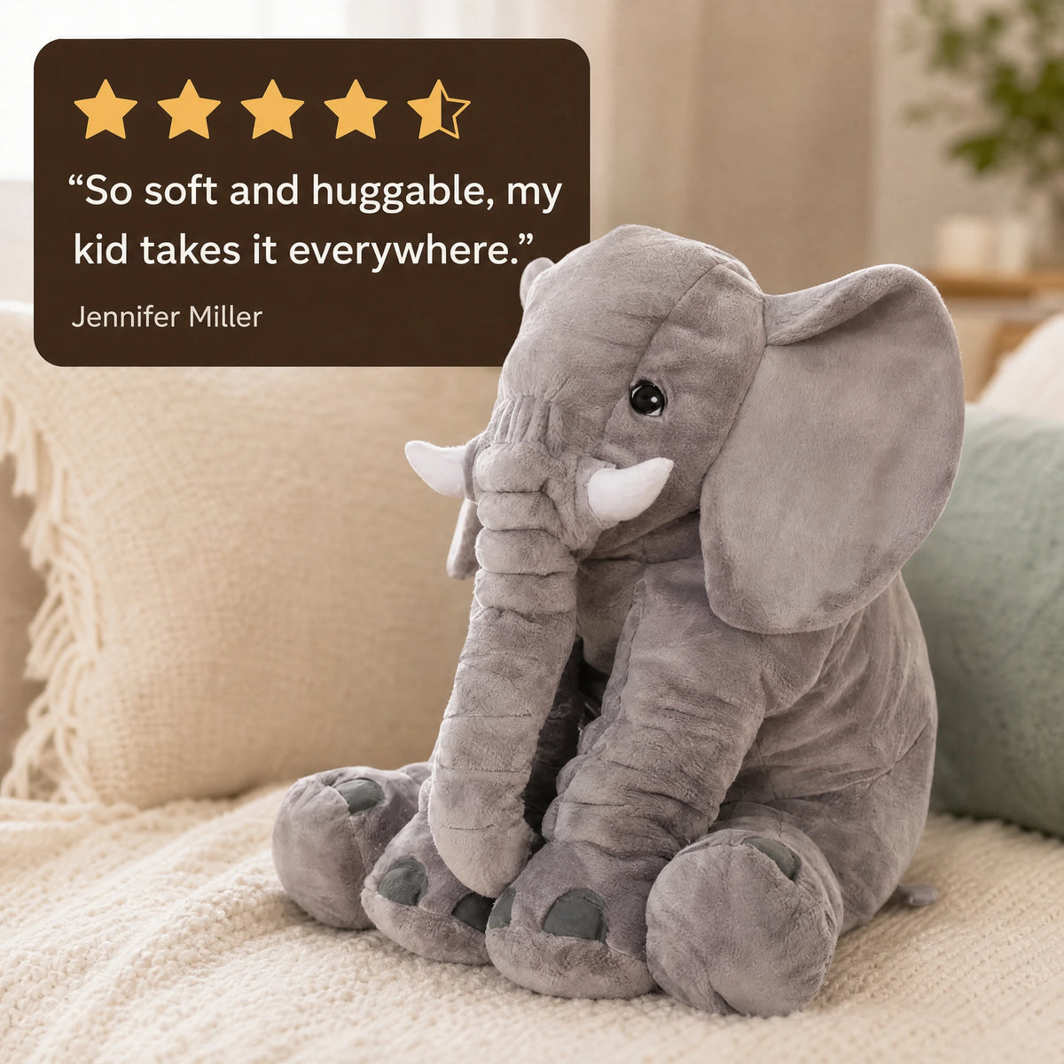 Elephant Pillow Plush - Soft Gray Comfort Buddy - Image témoignage