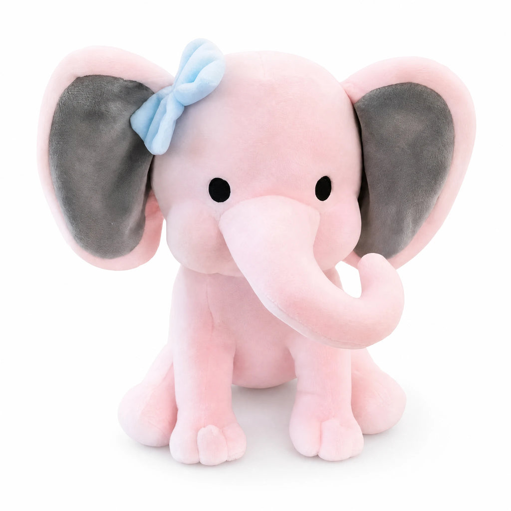 Elephant Plush Toy with Bow and Two-Tone Ears - Fond blanc