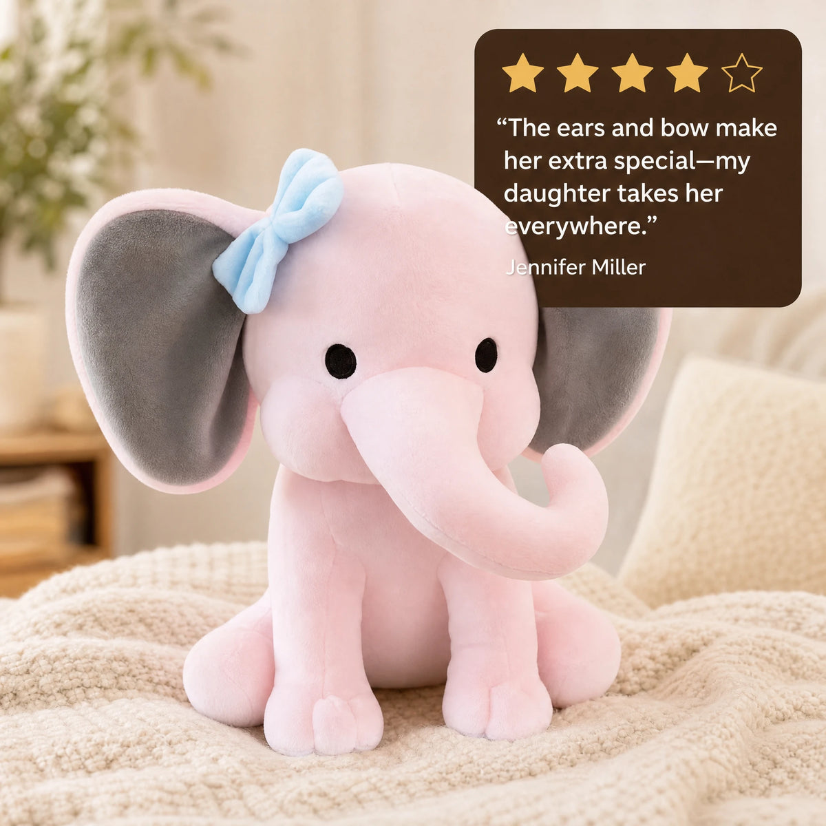 Elephant Plush Toy with Bow and Two-Tone Ears - Image témoignage