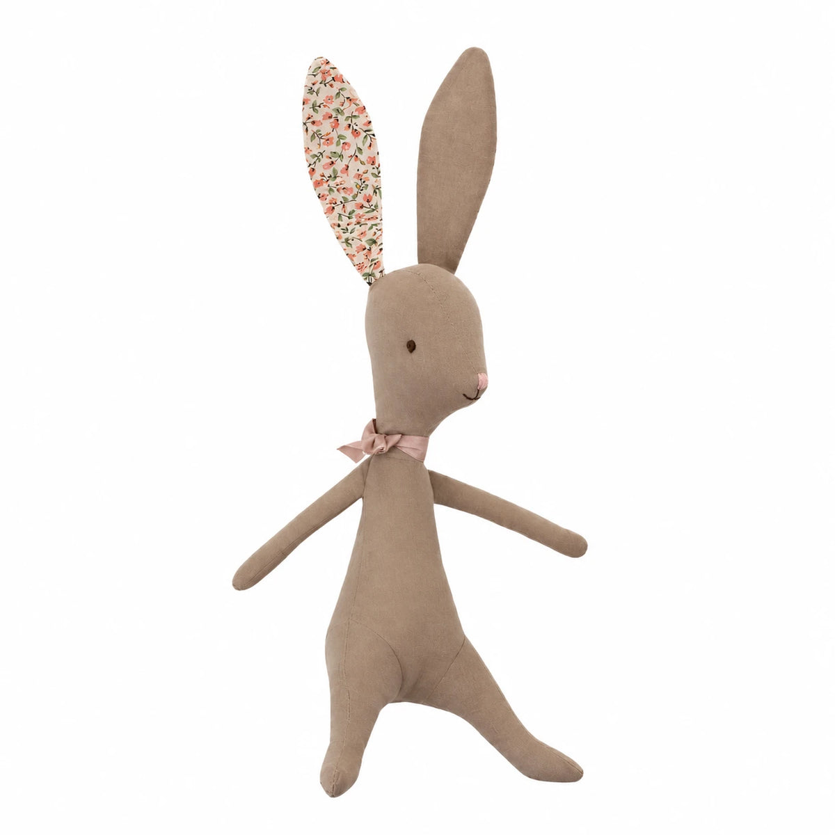 Fabric Bunny Soft Toy with Floral Ears and Ribbon - Beige