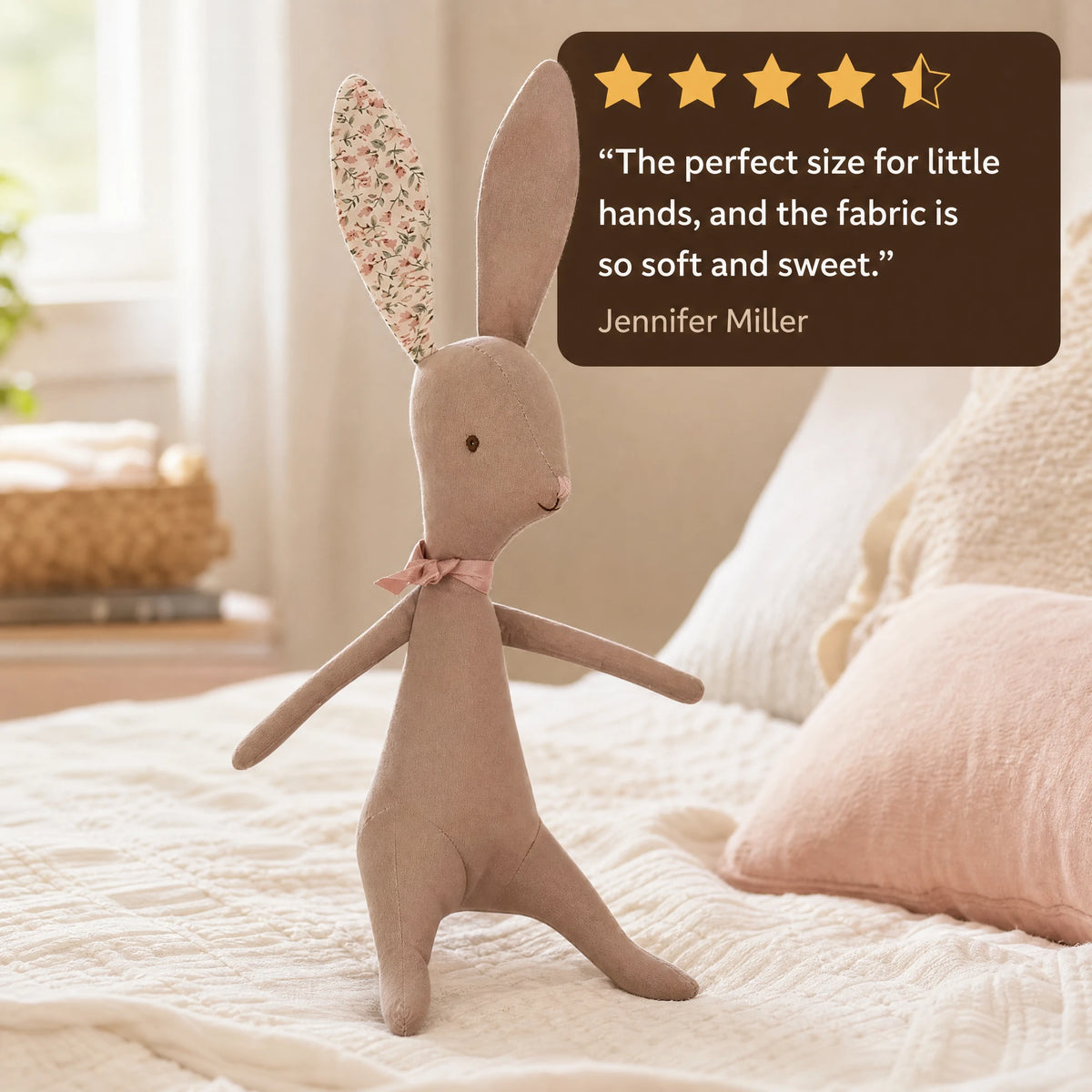 Fabric Bunny Soft Toy with Floral Ears and Ribbon - Image témoignage