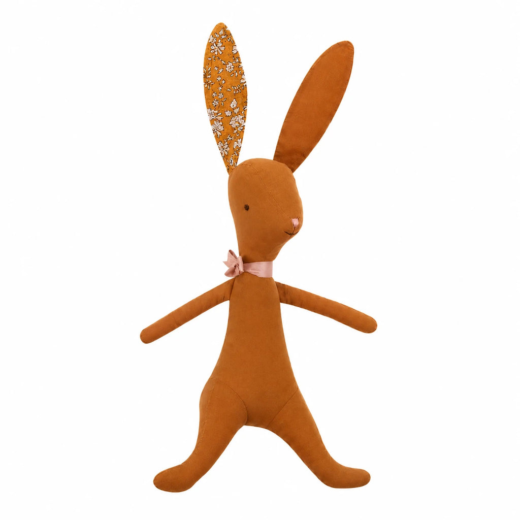 Fabric Bunny Soft Toy with Floral Ears and Ribbon - Orange