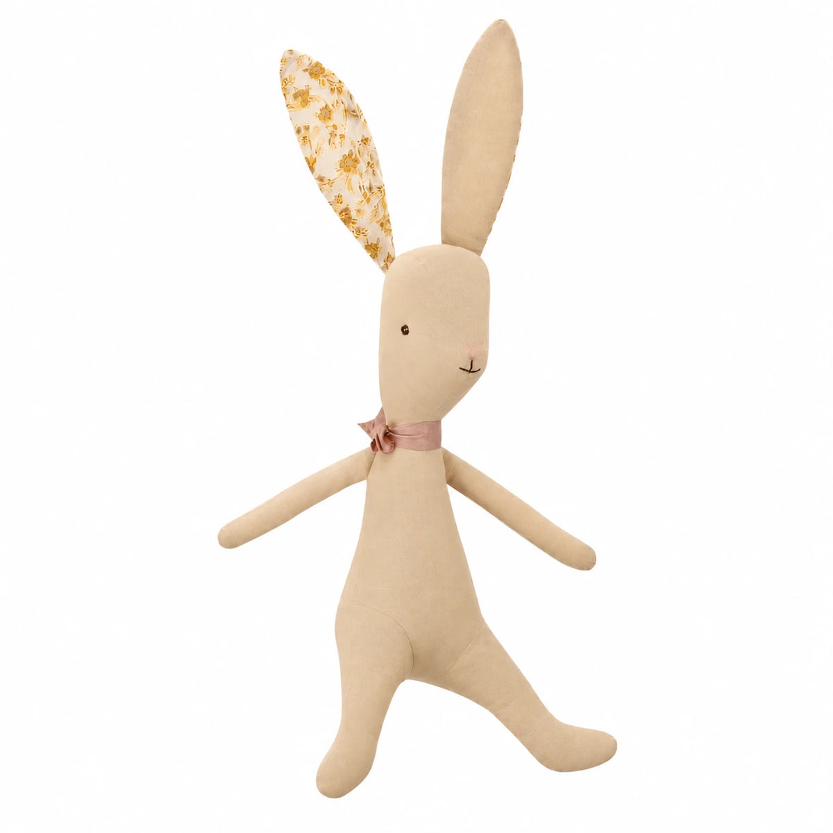 Fabric Bunny Soft Toy with Floral Ears and Ribbon - Yellow