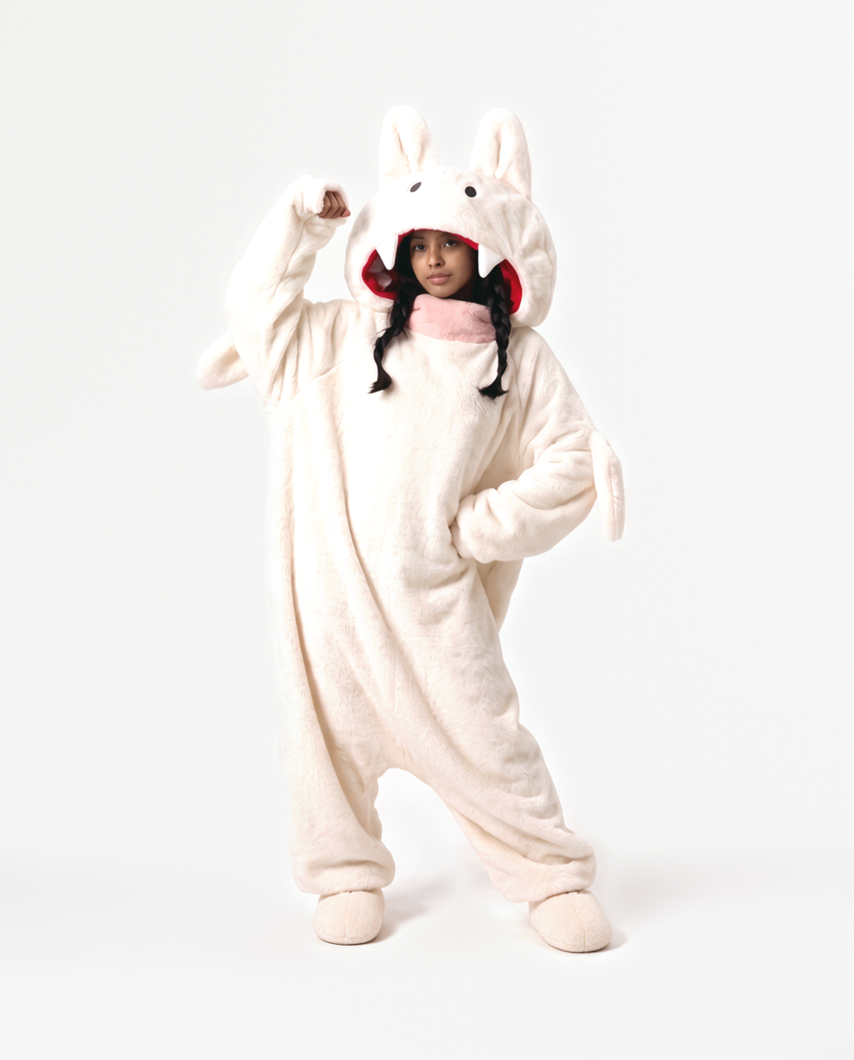 Cream Fang Monster Onesie, arms wide
