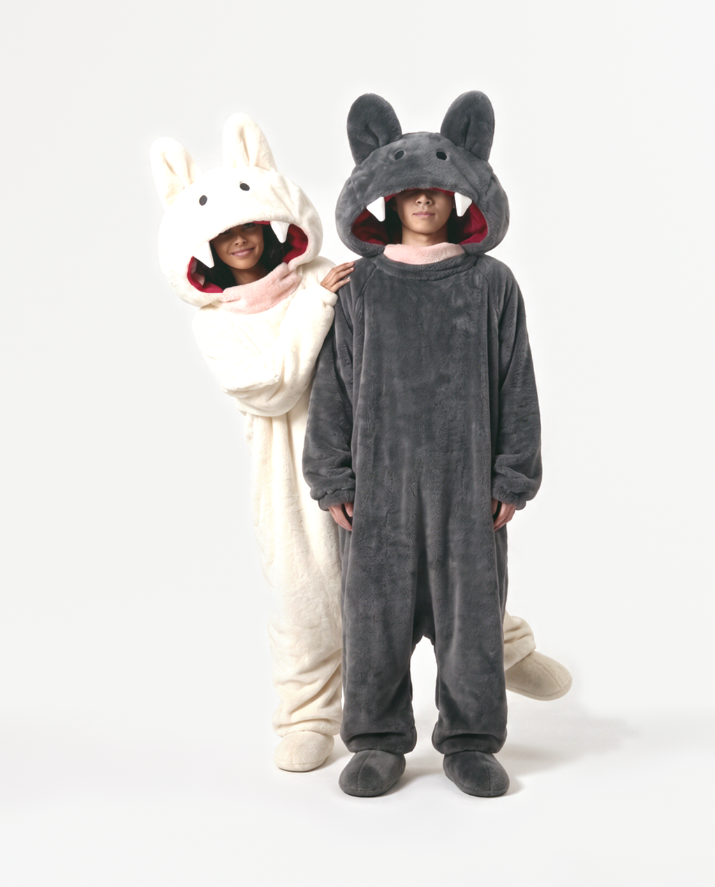 Cream and Charcoal Fang Monster Onesie, two people in matching costumes playing peek-a-boo
