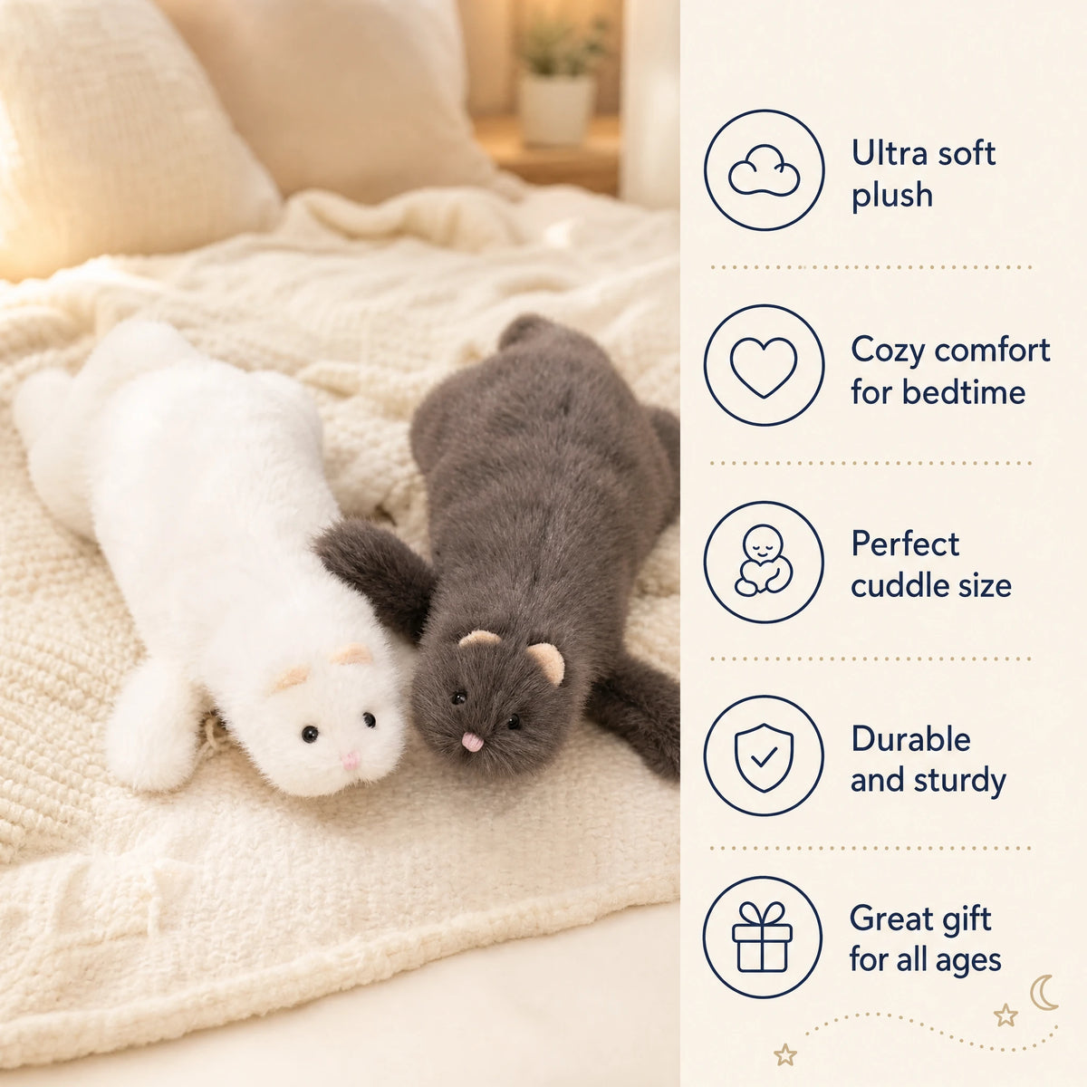 Ferret Plush Toy with Ultra-Soft Fur in White or Gray - Bénéfices produit
