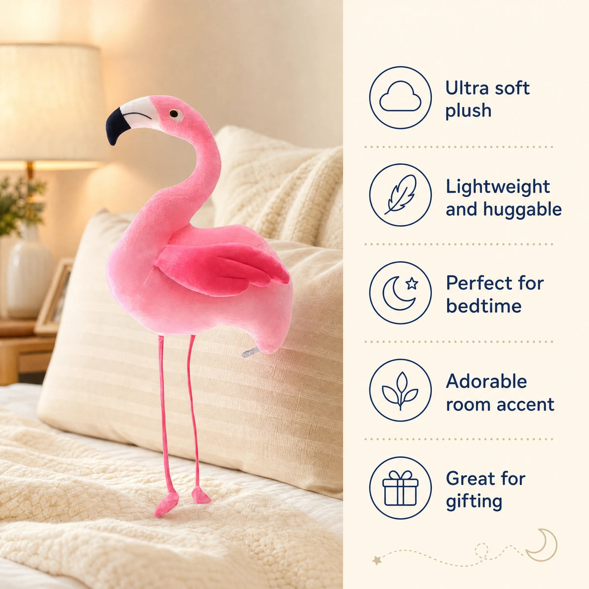 Flamingo Plush in Soft Pink Cotton - Standing Pose - Bénéfices produit