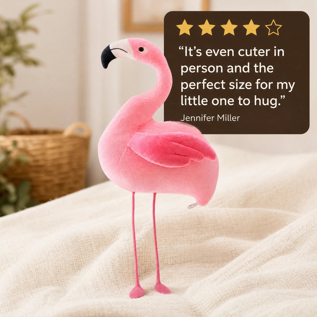 Flamingo Plush in Soft Pink Cotton - Standing Pose - Image témoignage