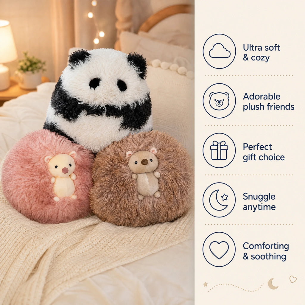 Fluffy Animal Pillow Plush – Panda or Hedgehog Design - Bénéfices produit