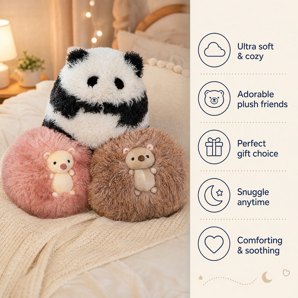 Fluffy Animal Pillow Plush – Panda or Hedgehog Design - Bénéfices produit