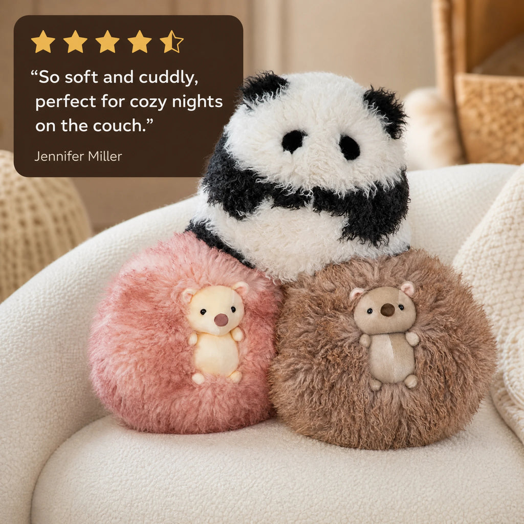 Fluffy Animal Pillow Plush – Panda or Hedgehog Design - Image témoignage