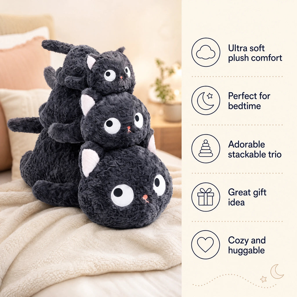Fluffy Black Cat Plush with Round Body and Big Eyes - Bénéfices produit
