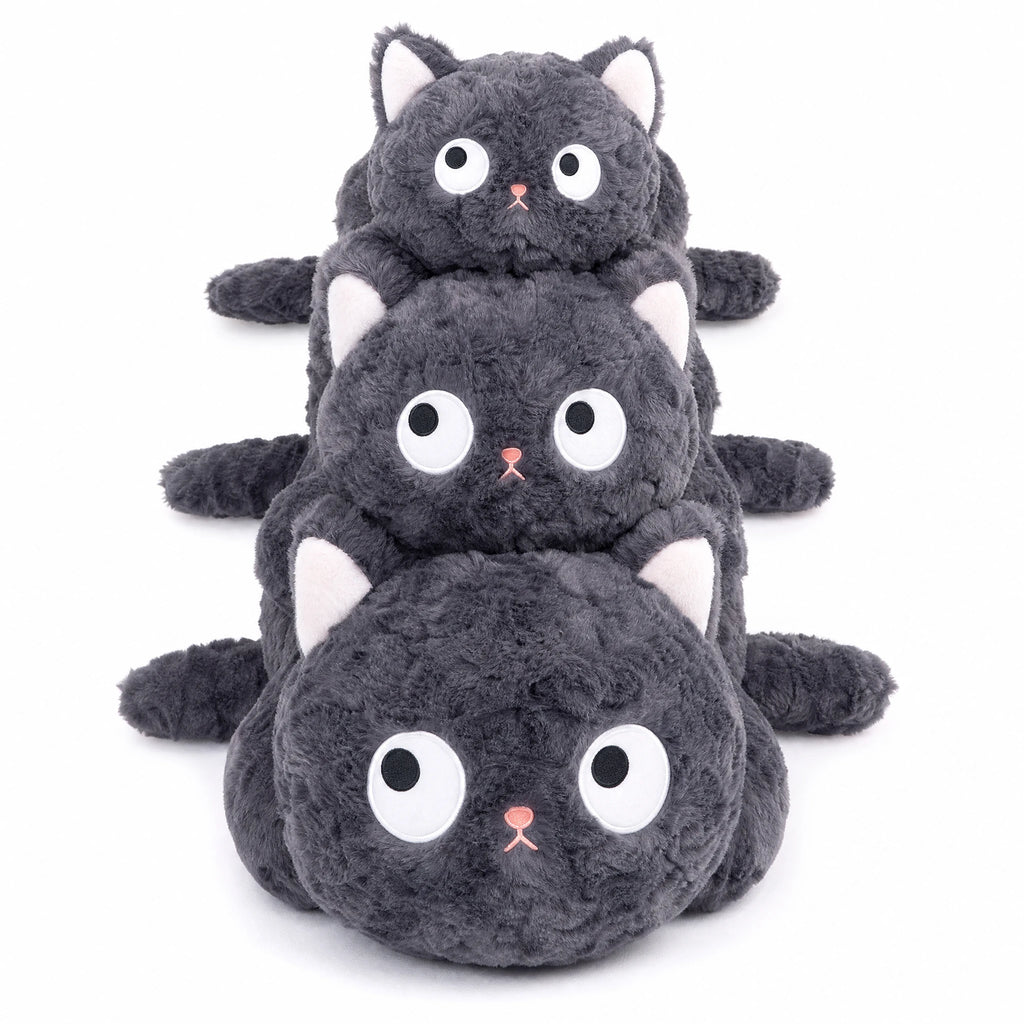 Fluffy Black Cat Plush with Round Body and Big Eyes - Fond blanc