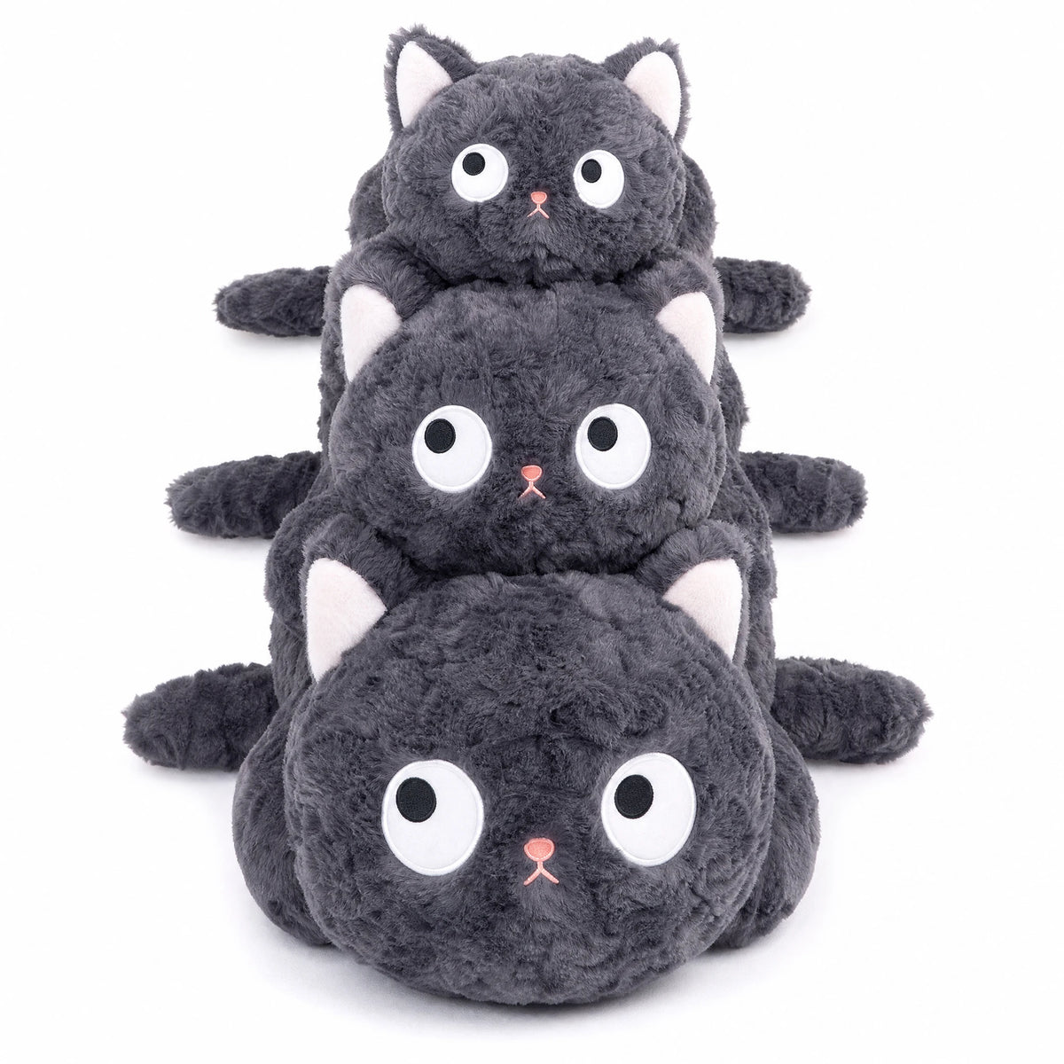 Fluffy Black Cat Plush with Round Body and Big Eyes - Fond blanc