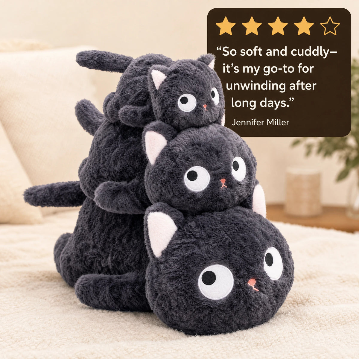 Fluffy Black Cat Plush with Round Body and Big Eyes - Image témoignage