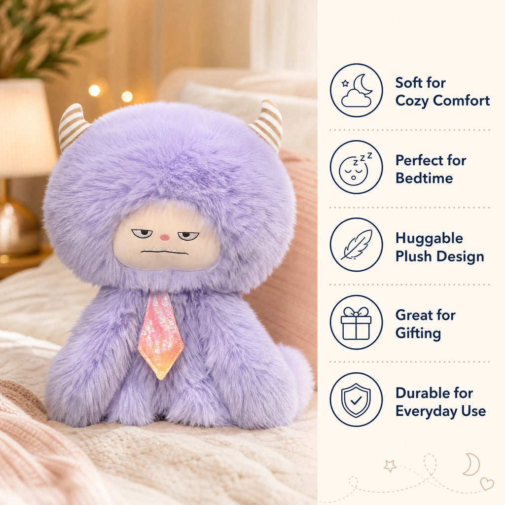 Fluffy Monster Plush with Striped Horns and Moody Face - Bénéfices produit