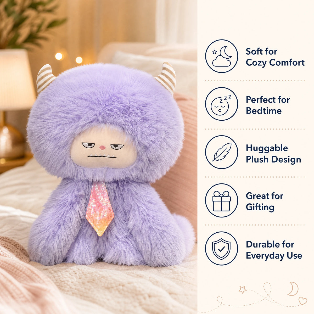 Fluffy Monster Plush with Striped Horns and Moody Face - Bénéfices produit