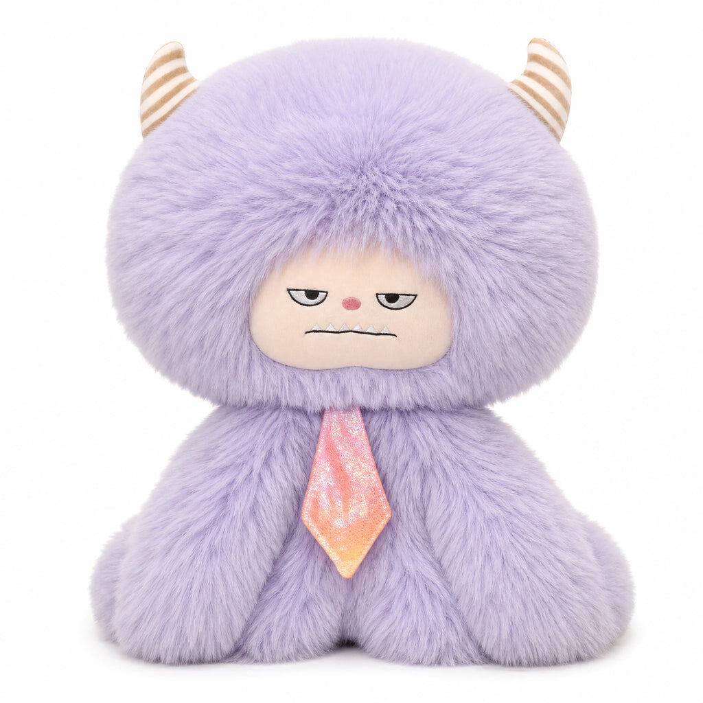 Fluffy Monster Plush with Striped Horns and Moody Face - Fond blanc