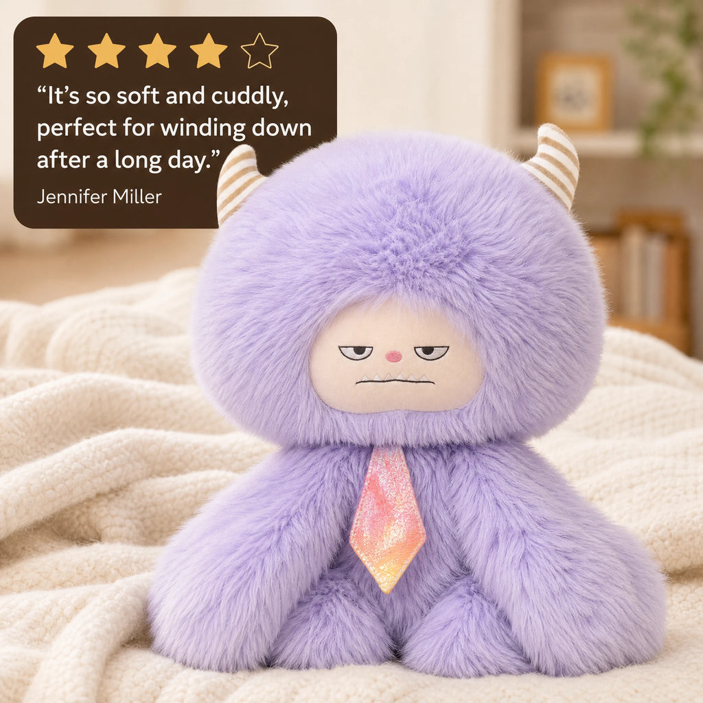 Fluffy Monster Plush with Striped Horns and Moody Face - Image témoignage
