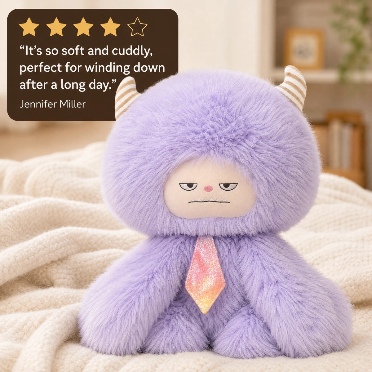Fluffy Monster Plush with Striped Horns and Moody Face - Image témoignage
