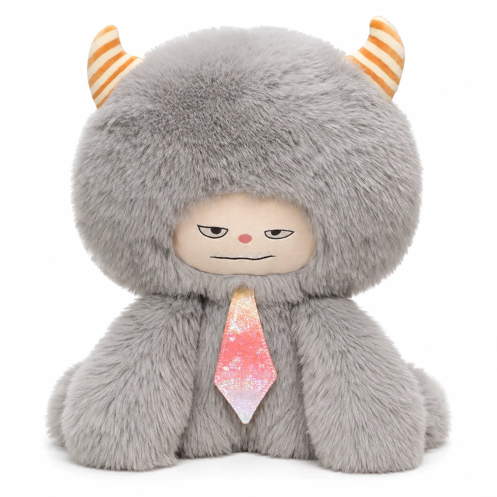 Fluffy Monster Plush with Striped Horns and Moody Face - Light Grey