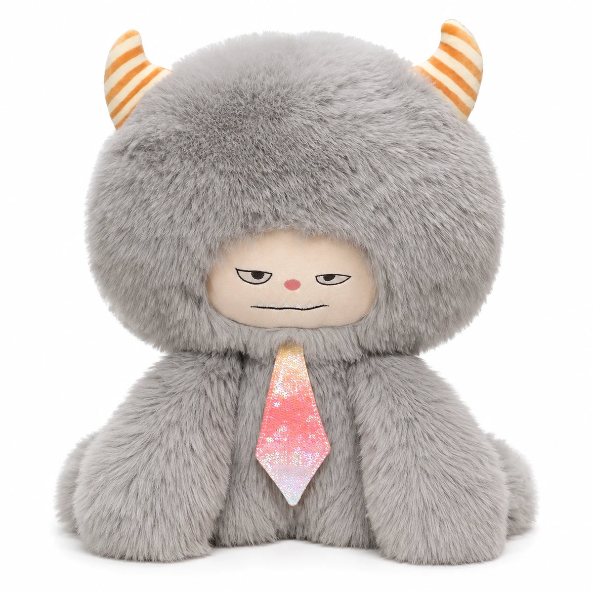 Fluffy Monster Plush with Striped Horns and Moody Face - Light Grey