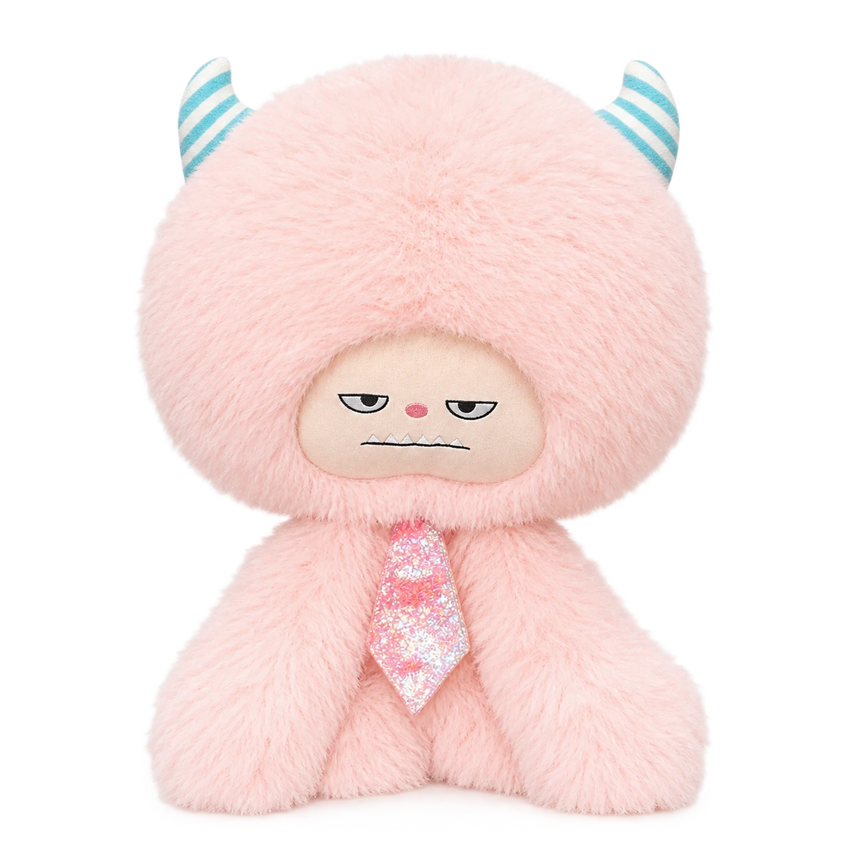 Fluffy Monster Plush with Striped Horns and Moody Face - Pink