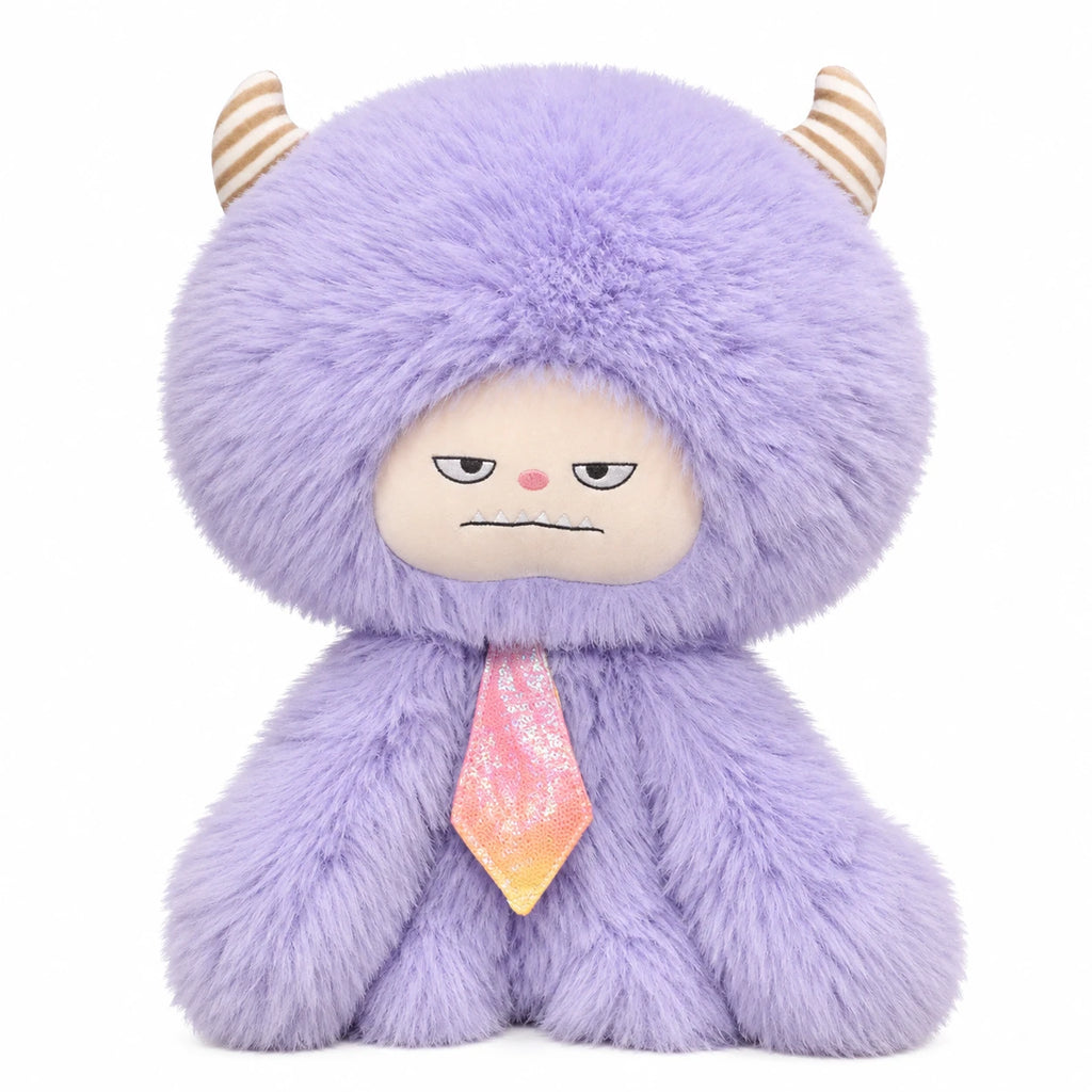 Fluffy Monster Plush with Striped Horns and Moody Face - Purple