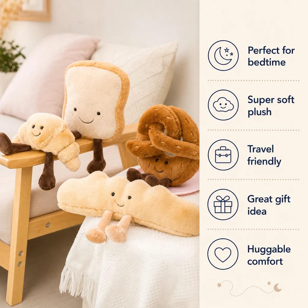 Food Plushies Set with Baguette, Toast, Pretzel, Croissant - Bénéfices produit