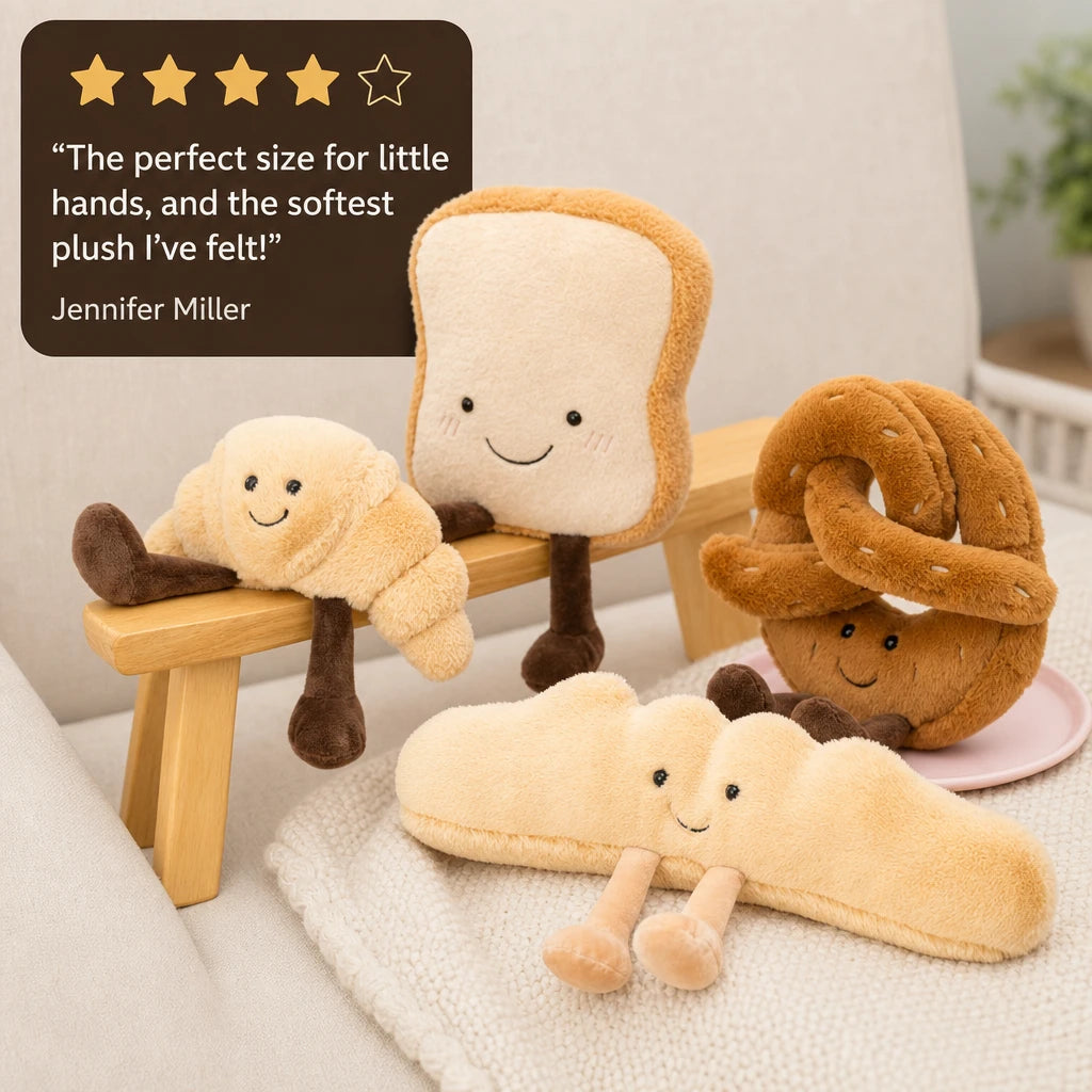 Food Plushies Set with Baguette, Toast, Pretzel, Croissant - Image témoignage