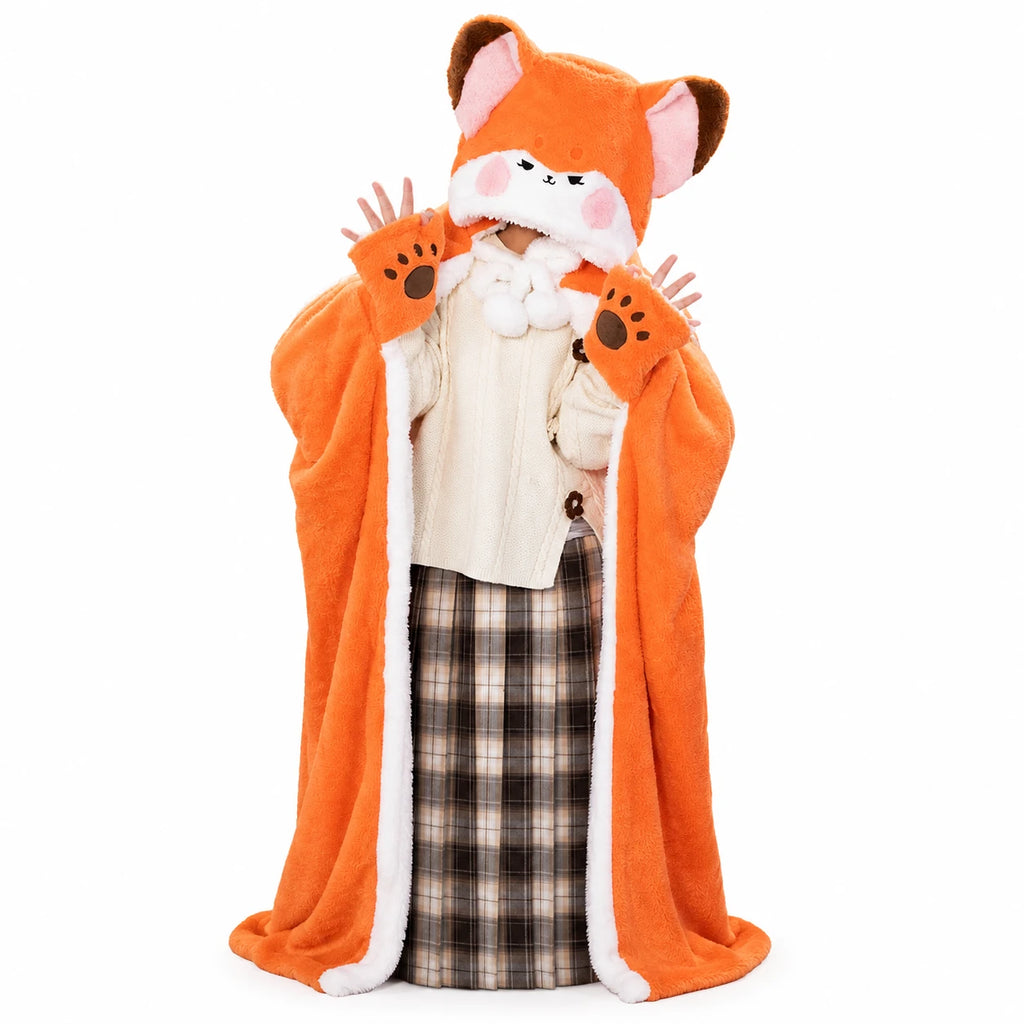 Fox Plush Hooded Blanket with Attached Paw Mittens - Fingerless Gloves (120x160cm / 47x63in)
