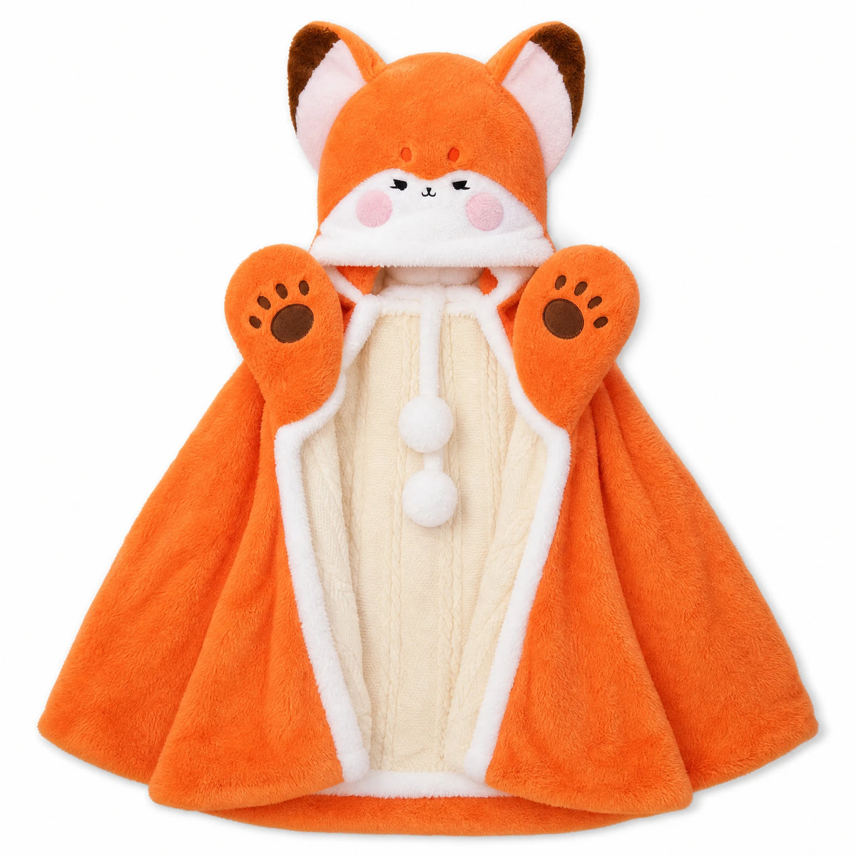 Fox Plush Hooded Blanket with Attached Paw Mittens - Fond blanc