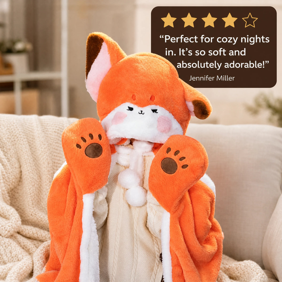 Fox Plush Hooded Blanket with Attached Paw Mittens - Image témoignage